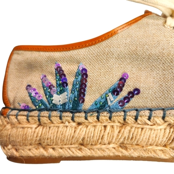 NINE WEST NATURAL GUINUP SNEAKER SEQUIN BOHO ESPADRILLE LACE UP SIZE 7 - Picture 8 of 12